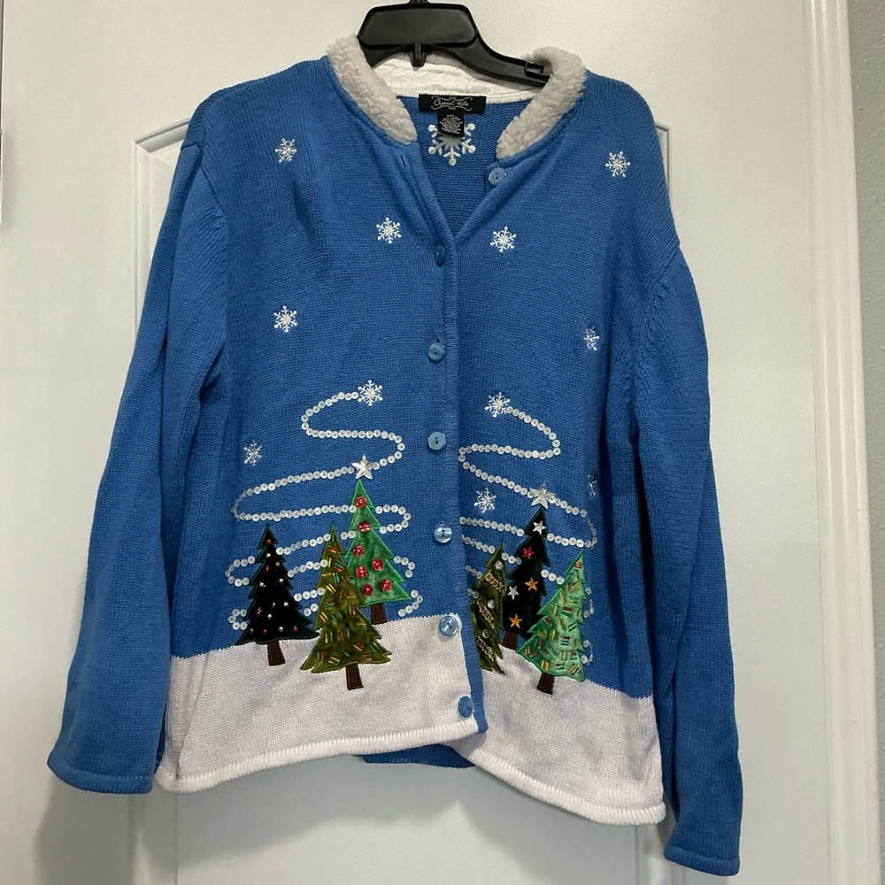 Crystal-Kobe Blue Sherpa Collar Christmas Cardigan Size XXL